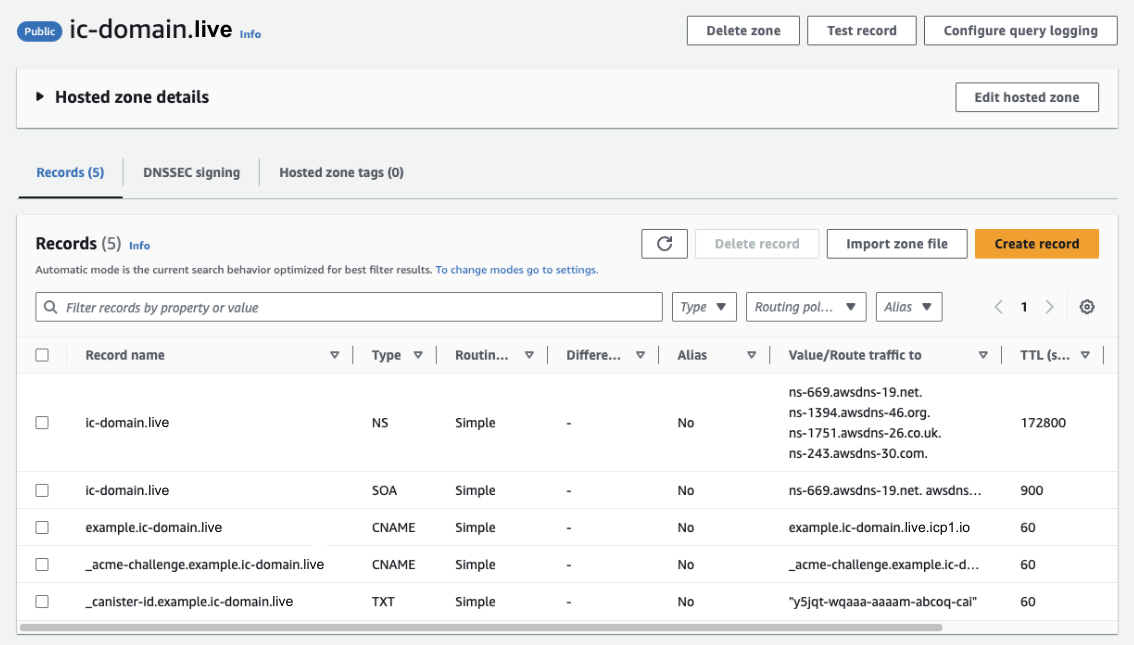 DNS Configuration for `example.ic-domain.live` on Amazon Route 53